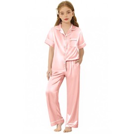 Arshiner Girls Pajamas Silk Satin Button Down Pjs 2 Piece Short Sleeve Sleepwear Set Lotus Root Pink 7-8 Years