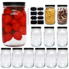QAPPDA 32 OZ Glass Jars with Lids Set of 12,Clear Wide Mouth 1000ML Glass Mason Jar with Airtight Lid,Durable Glass Food Storage Canning Jars for Pickles,Jams,Preserving