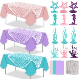 6 Pcs Fish Net Decorative Tablecloth Set, Ocean Waves Plastic Tablecloths Cotton Fish Net Mermaid Decorations Felt Table Centerpiece for Nautical Themed Birthday Baby Shower Pirate Party Decorations