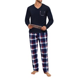 Uniexcosm Mens Pyjamas Set, Pjs for Men Sets Long Sleeve Top & Checked Pants with Pockets Mens Winter Sleepwear Loungewear Nightwear Set for Home Casual Blue