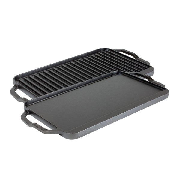 Lodge Chef Collection Cast Iron Reversible Grill/Griddle - Cast Iron Flat Griddle & Grill for Stovetop, Oven, Grill, or Open Fire - Double Burner Cast Iron Skillet with Handles