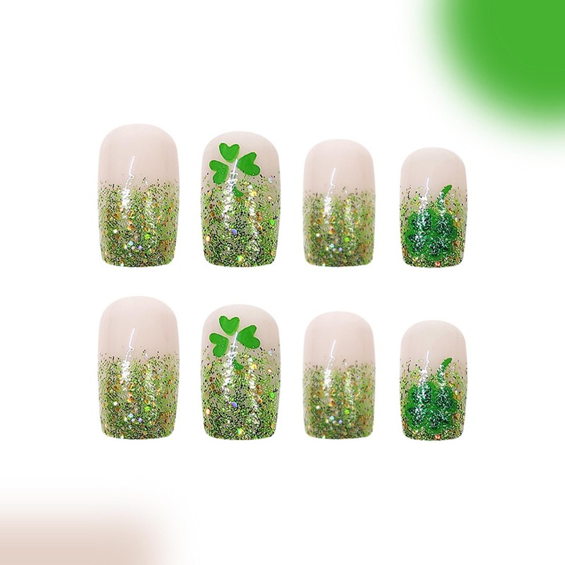 Green Glitter Press on Nails French Tip Fake Nails with