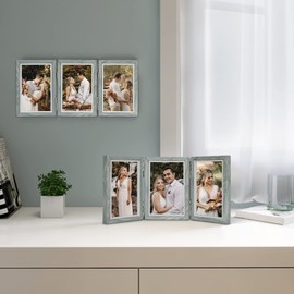 Afuly 4x6 Picture Frame 3 Triple Hinged Collage Picture Frames Folding Three Photo Frames, Grey Wooden Multi Picture Frame Tabletop Decor Christmas Birthday Gifts for Family Friends