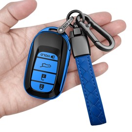 Sindeda for Honda Key fob Cover with Leather Keychain Soft TPU Full Cover Protection,for 2022 2023 2024 2025 Civic Accord HR-V Pilot CR-V,4-Buttons Key Fob Shell(Blue)