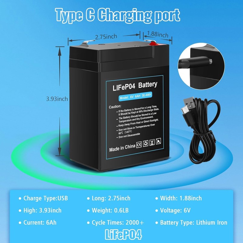Upgraded Rechargeable 6V 6Ah LiFePO4 Battery with USB Charge Design,