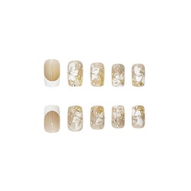 SINHOT Square Press on Nails Medium - White Flower &French Tip Squoval Nail Art, DIY Fake Nails with Glossy Glue on Nails, Design Full Cover Press on Nails 24pcs