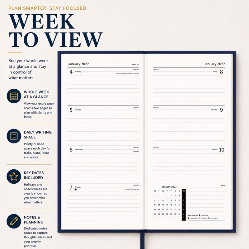 2027 Slim Wallet Diary Week To View - Compact Navy