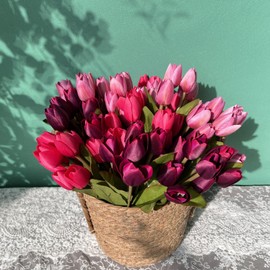 Shyshining Artificial Fake Flowers for Spring Summer Outdoor Decoration,6 Bundles Realistic UV Resistant Silk Fabric Colorful Tulip Faux Plants for Outside Planter Home Porch Patio Decor(Pink Purple)