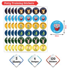 Pack of 120 Animal Potty Stickers Round Toilet Training Stickers (30 mm) Waterproof Potty Training Stickers for Boys Girls Toddlers Packwith®