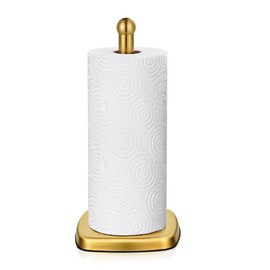 SMARTAKE Paper Towel Holder for Countertop, Standing Kitchen Roll Holder with Suction Cups, Non-Slip Paper Towel Stand, Stainless Steel, Weighted Base, for Kitchen Bathroom, Square Base (Gold)