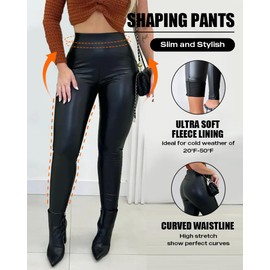 ChicMe Womens Stretch Faux Leather Pants High Waist Curved Fleece Lined Tights Pants PU Leather Leggings (US, Alpha, X-Large, Regular, Regular, Black)