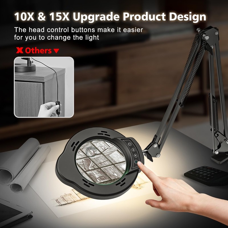Magnifying Glass with Light and Clamp, 15X 10X Desk Magnifying