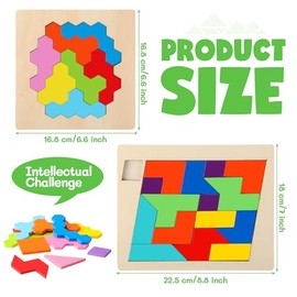 Yunsailing 3 Pack Large Wooden Blocks Puzzles Hexagon Tangram Puzzle Wooden Russian Brain Puzzles for Adult Challenge Teasers Geometric Jigsaw Logic I