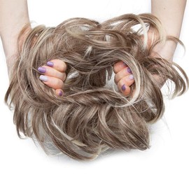 Large Updo Messy Bun Hair Extension Wavy With Elastic Rubber Band 80G Synthetic Thick Chignon Donut Ponytail Hairpiece For Women, Maroon & Bleach Blonde