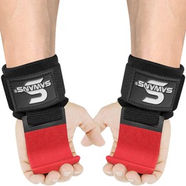 Lifting Hooks Non-Slip Coated Heavy Duty Solid Steel Neoprene Thick Padded Wrist Support Pair of Weight Lifting Gym Straps Deadlifts Chin Pull Up Fitness Bar Grip Strength Training Equipment (Red)