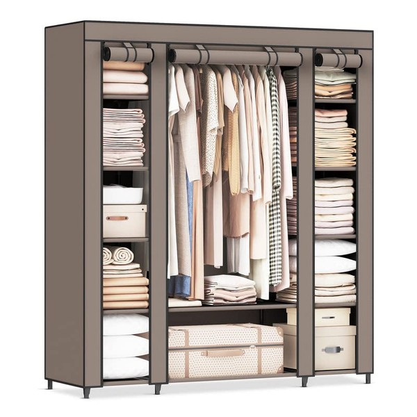 SONGMICS Closet Wardrobe, Portable Closet for Bedroom, Clothes Rail with Non-Woven Fabric Cover, Clothes Storage Organizer, 59 x 17.7 x 69 Inches, 12 Compartments, Taupe ULSF003R02