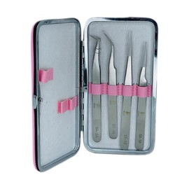 Pinzas Para Extensión De Pestañas Mink 1x1 / Estuche con 4 pinzas, color rosa