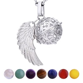 Morella Women Necklace 70 cm 27.5" Stainless Steel with Pendant angels's Wing and 7 Gemstones Chakra Balls in Jewellery Bag