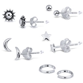 Adeley 5 Pairs Sterling Silver Star, Moon, Sun, 3mm Ball, and Ear Cuff Earrings for Women, Star and Moon Earrings, Sun Moon Earrings