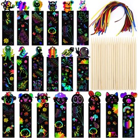 Scratch Art for Kids, 48 Pcs Magic Rainbow Bookmarks for Children, Scratch Art Party Bag Fillers, Animal Craft DIY Scratch Paper Art Tags with Wooden Stylus and Ribbons for Classroom Birthday Gifts