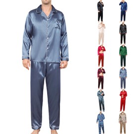 Moolmeyno mens pajama sets pj lounge silk satin summer silky long sleeve for men 2 piece loungewear light blue M