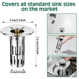 Vodolo 3 in 1 Sink Drain Strainer with Hair Catcher,8PCS Stainless Steel Popup Sink Stopper with Basket for Bathroom Kitchen Shower,Pop-up Bounce Core Floor Basin Drain Filter,Replacement Sink Plug