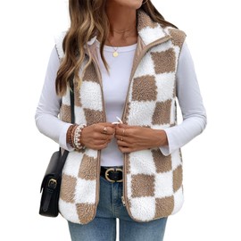 SHEWIN Womens Fall Fashion 2025 Causal Fleece Vest Women Lightweight Plaid Vests For Women 2025 Trendy Womens Vests Outerwear,US 20-22(2XL),Pale Khaki