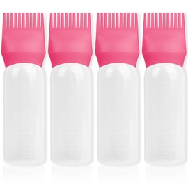 BLAAROOM Root Comb Applicator Bottle 6 Ounce, 4 Pack Hair Oil Applicator Bottle, Hair Dye Bottle Applicator Tools with Hair Oil Dispenser Root Comb Brush for Hair Oiling Applicator - Dark Pink