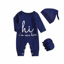 QUNERY Newborn Baby Boy Clothes Coming Home Romper Letter Print Jumpsuit with Hat Clothing Sets Navy blue 0-1 months