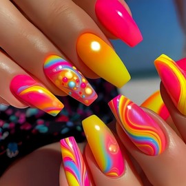 Long Press on Nails Coffin Shape Fake Nails with Rainbow Color Designs Glossy False Nails Colorful Dots Glue on Nails Nude Pink Acrylic Stick on Nails for Women Girls DIY Manicure Kit 24Pcs