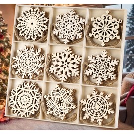 HOUÍSM 36Pack Wooden Snowflakes Ornaments, Rustic Christmas Ornaments Snowflake Embellishment Wood Hanging Cutouts for Christmas Tree Decoration DIY Crafts
