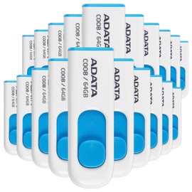 PSA COMPUTO Y PAPELERIA Kit 20 Memorias ADATA 64 GB Memoria Flash USB 2.0 Deslizable y Elegante Color Blanco con Azul con un Arranque Inteligente (Modelo C008) KIT20AC008-64G-RWE