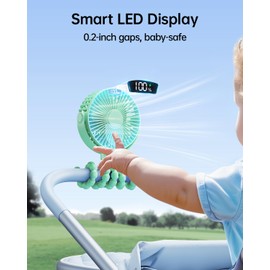SWEETFULL Portable Stroller Fan with LED Display, 4 Speed Rechargeable Mini Clip On Fan, 360° Rotate Flexible Tripod Better Cooling Small Baby Fan for Car Seat Crib Travel Bike Treadmill (Green)