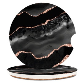 Ceramic Cup Holders Car Coasters for Women/Men,Gold Watercolor Foil Pattern Absorbent Drink Cup Car Holder Coasters with A Finger Notch 2.56" Pack of 2,Black Gold Marble