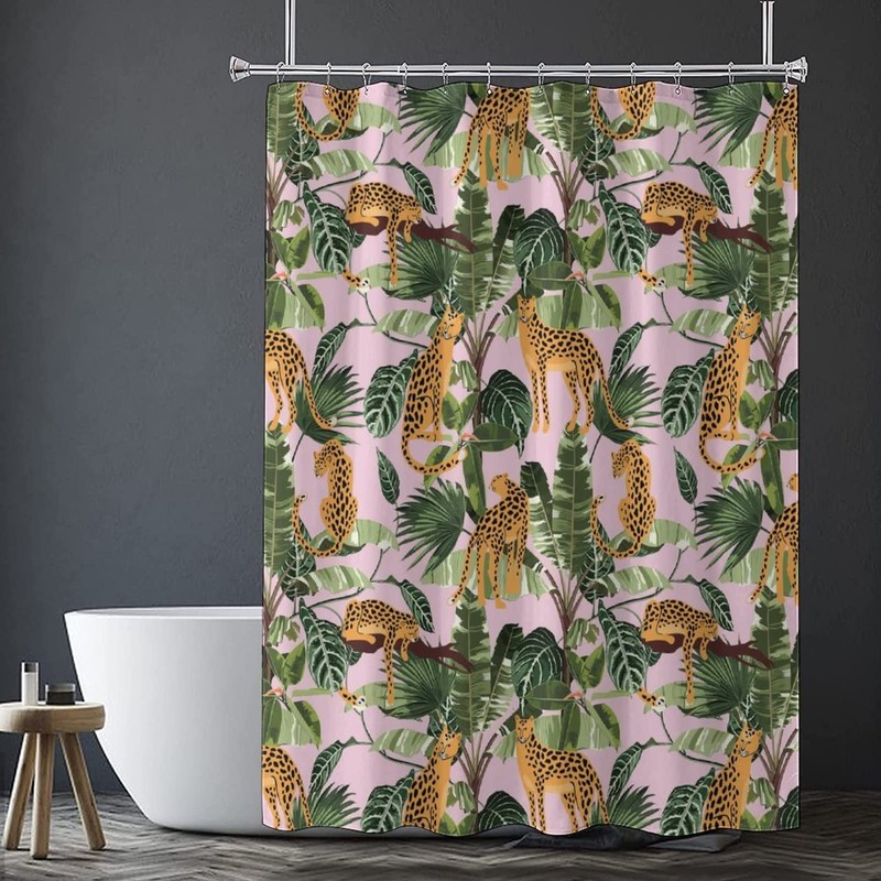 INSFBRB Leopard Palm Leaves Waterproof Fabric Shower Curtain,Abstract Boho Wildlife