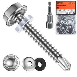 (80Pcs)#8 * 2"(4.2mm*50mm) Suneke 410 Stainless Steel Self-Drilling TEK Screws, Hex Washer Head with EPDM Waterproof Washers，External Hex Drive, Includes Drill Bit & Storage Box