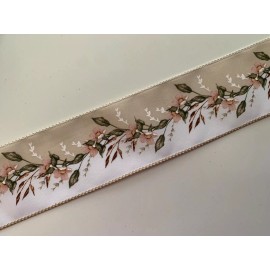 Decorative Ribbon Blush Pink Flowers on Beige and White Ribbon, 2 1/2" Wide, Wired Edge, 5 YARDS