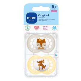 MAM Original 6+M Soother 2PK - Unisex Baby Soothers with Self Sterilising Travel Case, Newborn Essentials (Designs May Vary)