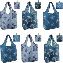 BeeGreen 6 Packs Sea Turtle Reusable Grocery Bags for Shopping X-Large Durbale Animal Print Foldable CuteTote Bags for Women Heavy Duty Polyester Groceries Bags Washable Waterproof