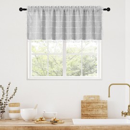 MitoVilla Grey Boho Kitchen Valances for Windows, Modern Farmhouse Valance Curtains for Living Room/Bedroom, French Country Cotton Linen Fabric Topper Window Curtain with Tassel, 52’’W x 18’’L