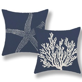 Starfish Coastal Pillow Covers 18x18 Set of 2, Beach Ocean Coastal Coral Decorative Cushion Cover Summer Blue Coral Starfish Throw Pillow Covers Linen for Home Sofa Couch Outdoor Decor
