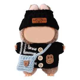 Lyreh Clothes for 17cm Dolls, Cute Black Hat Sweater Blue Small Bag Clothes Set Plush Toy Decoration Accessories (Doll Is Not Included)