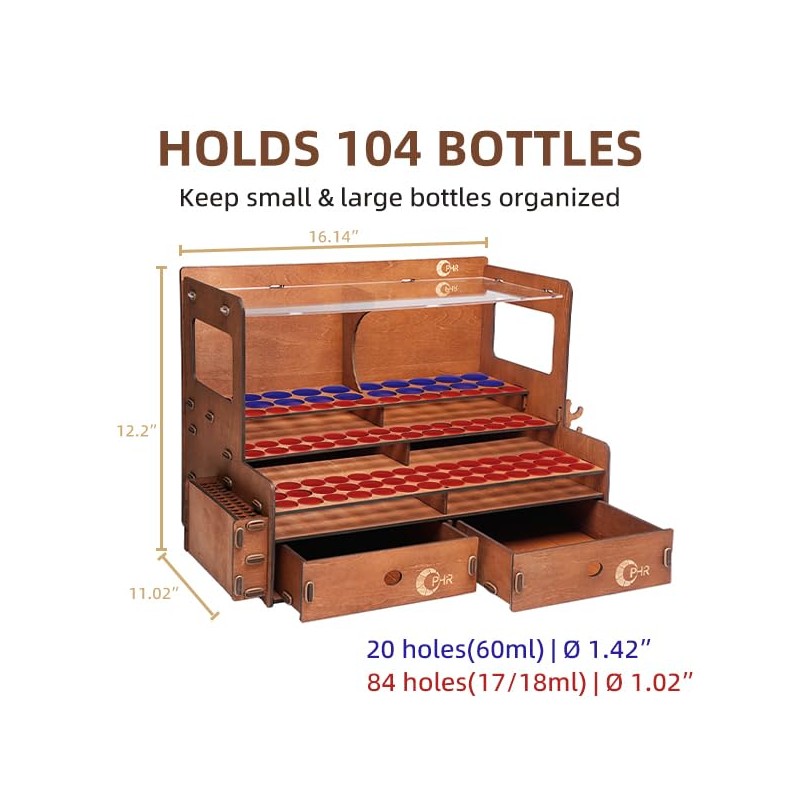OPHIR Wooden Paint Organizer for 104 Bottles with 2 Brush