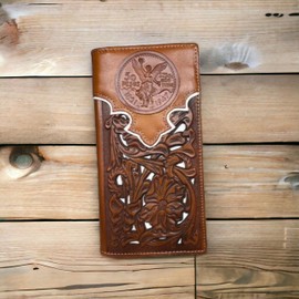 Western Stakes Mexican 50 Peso Embossed Leather Long Wallet Floral Cutout Layered Checkbook Style Cowboy Hand Crafted High End Mens Wallets Leather Gifts For Men (Brown & White)