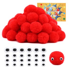 LOKUNN 1 Inch Pom Poms, Red Pom Poms for Arts and Craft, Soft and Fluffy Pom Pom Balls with Self-Adhesive Eyes, Pompoms for DIY Art Creative Crafts