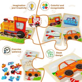 PELOSTA 4Pcs Wooden Toddler Puzzles for Boys Girls Age 1-3,Traffic Shape Montessori Toys,Early Learning Preschool Educational Toys Gifts for 1 2 3 4 5 Years Old Toddlers(Contains Storage Bag)