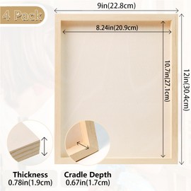 4Pack Unfinished Wood Canvas Panels, 9x12 Studio 3/4" Deep Birch Wood Canvas Boards, Wood Panels for Painting, Pouring, Collage, Acrylic, Art & Crafts - Artist Depth Wooden Wall Canvases