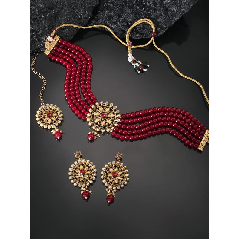 Aheli Kundan Pearl Choker Multi Layered Collar Pendientes con Manng