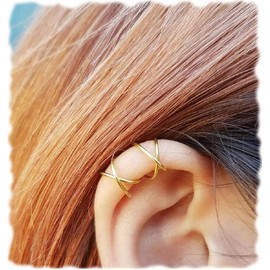 Sterling 925 Silver 4pcs No Piercing Earcuff （2 pcs Double line ，2 pcs Criss Cross ） Simple Gold Plated Fake Helix Ear Cuff Cartilage Earring Color Gold