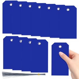 Swpeet 200Pcs Blue 4.72"x2.36" Waterproof Writable Eyelet Hole Plastic Tags with Wires Assortment Kit, Hanging Tags Attached Eyelet Blank Tag for Labeling Luggage Product Identification